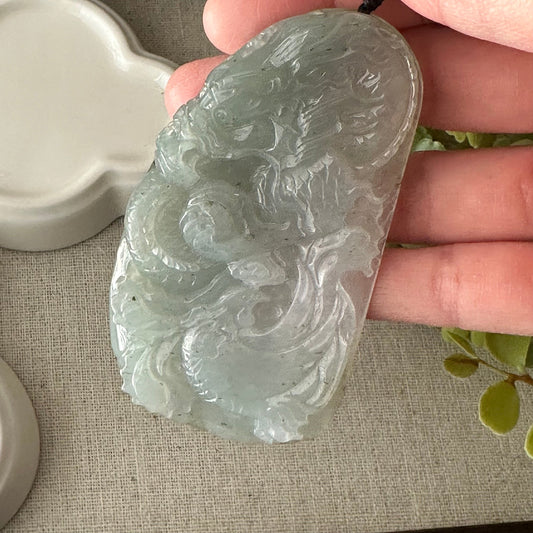 80mm Icy Green Wuji flowers Jadeite Jade Carved Dragon Pendant