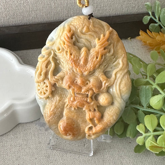 74.7mm Yellow Brown Jadeite Jade Carved Dragon Pendant