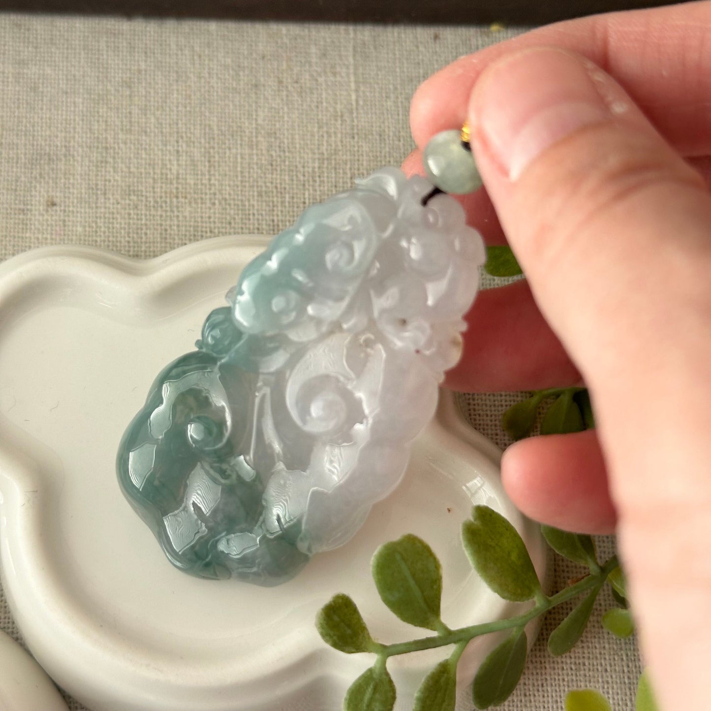 54.3mm Icy Green Float Flowers Carved Ruyi Clouds Jadeite Jade Pendant
