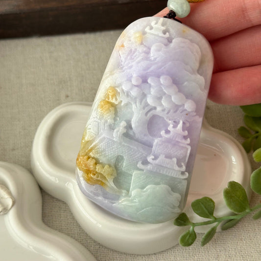 72.6 mm Lavender Green Yellow 3D Carved  Lndscape Trees Flower Pendant