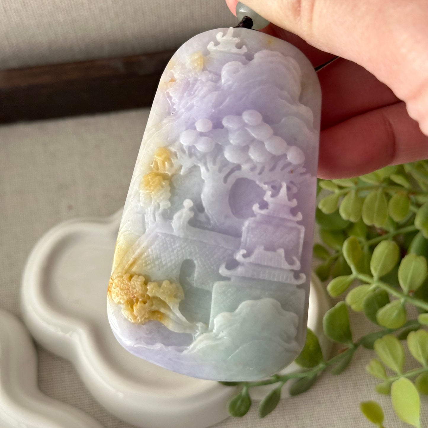 72.6 mm Lavender Green Yellow 3D Carved  Lndscape Trees Flower Pendant