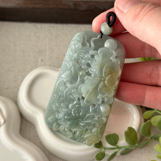 68.2 mm Icy Green Yellow 3D Carved  Lndscape Trees Flower Pendant