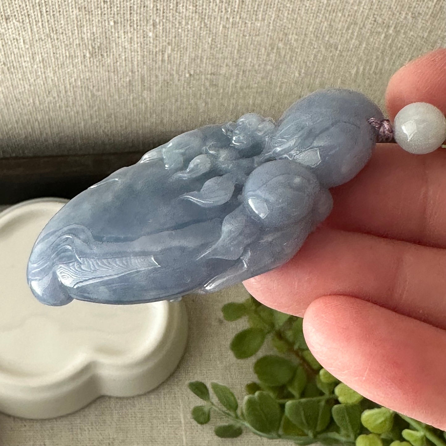 58mm Lavender Blue Jadeite Jade Carved Monkey Elephant Peach Pendant Neck Rope Tie