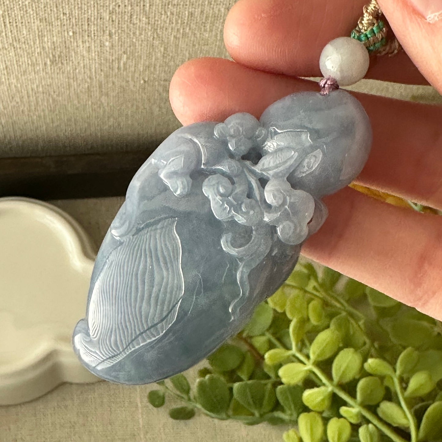 58mm Lavender Blue Jadeite Jade Carved Monkey Elephant Peach Pendant Neck Rope Tie