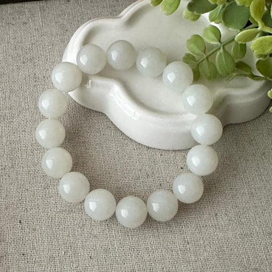 12mm Icy White Hetian Jade Beaded Bracelet RARE