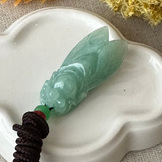 37mm Green Jadeite Jade Carved Locust  Pendant