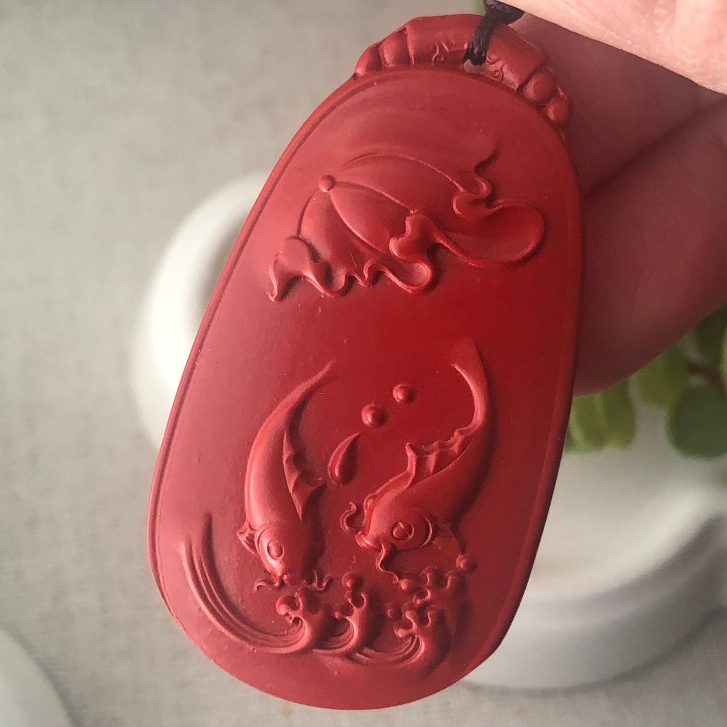 49mm Cinnabar Carved Double Fish Happiness Pendant