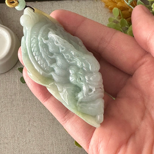 80mm Jadeite Jade Yellow Green Carved Dragon Pendant