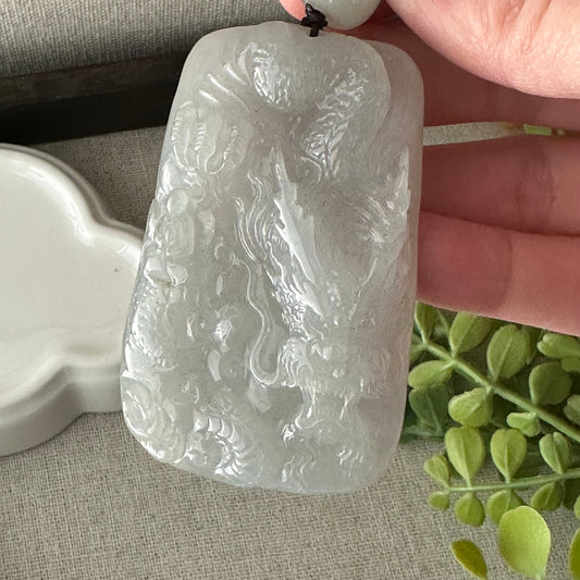 66mm Icy Jadeite Jade Carved Dragon Pendant
