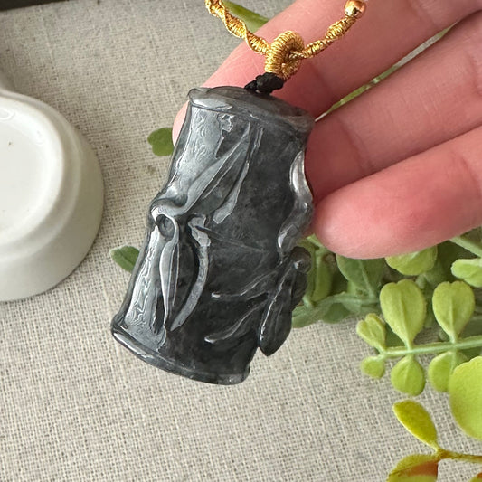 41.8mm Icy Wuji Jadeite Jade Carved Bamboo Insect Pendant