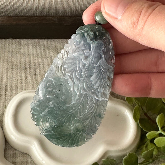70mm  Icy Blue Green Jadeite Jade Carved Peacock Pendant
