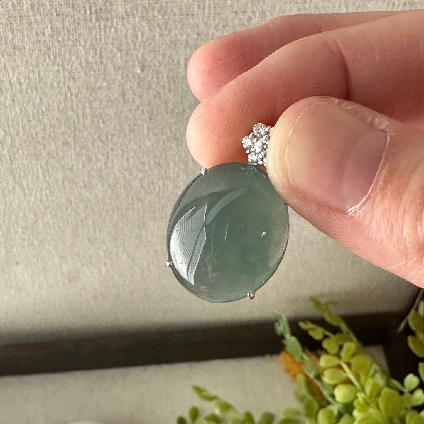 18K Gold 25.2mm High Quality Guatemalan Jade Icy Blue Cabochon Oval Pendant