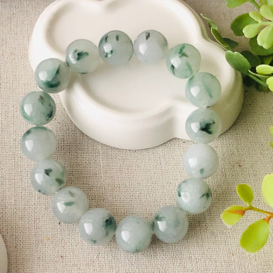13.8 mm Icy Green Float Flowers Jade Jadeite Bead Bracelet RARE