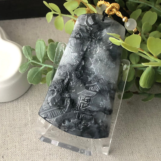 61.2 mm Icy Jadeite Jade Carved Wuji Grey Landscape Mountain Tree Pendant