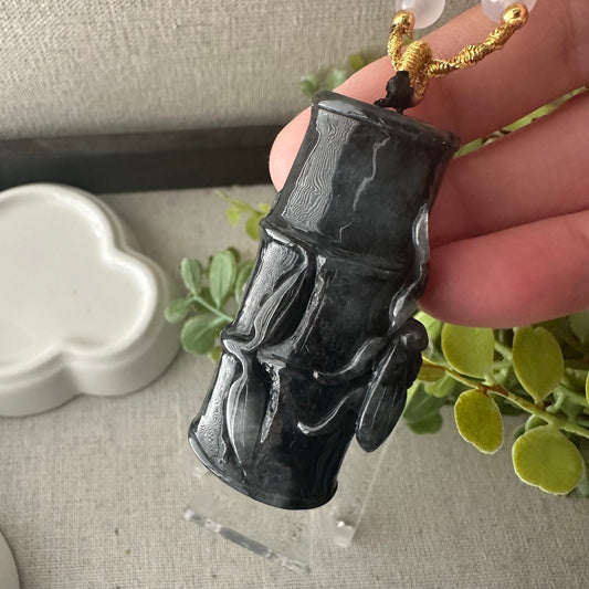 53mm Icy Wuji Jadeite Jade Carved Bamboo Insect Pendant