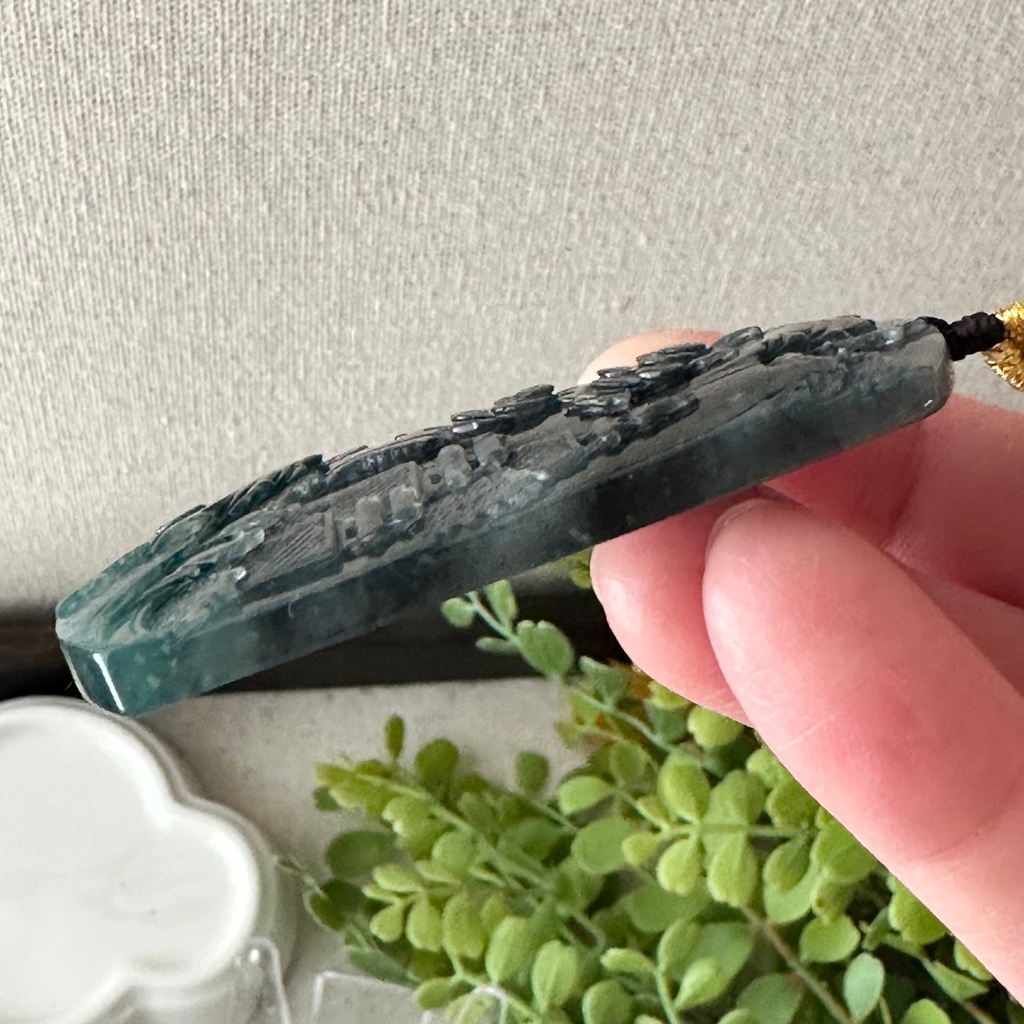 58 mm Icy Blue Water Green Jadeite Jade Carved Landscape Trees Pendant