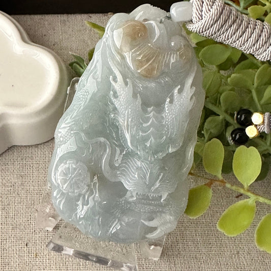 75mm Icy Blue Yellow Brown Jadeite Jade Carved Dragon Pendant