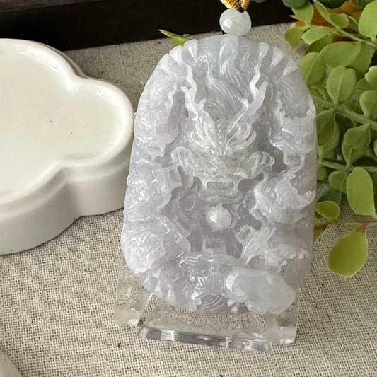 63mm Icy Light Lavender Jadeite Jade Carved 9 Dragon Heads Pendant