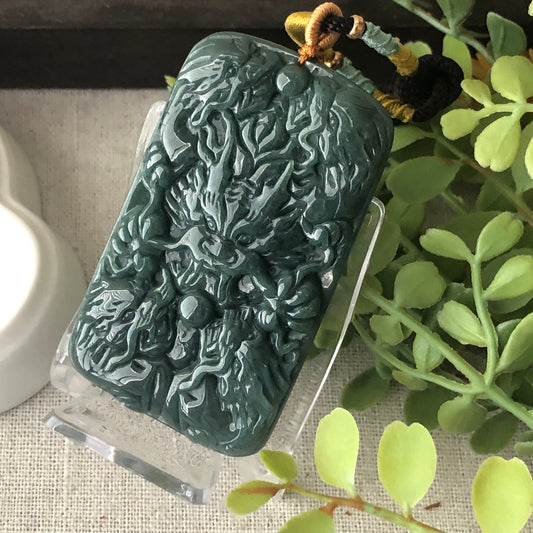 62mm Blue Green Jadeite Jade Carved Dragon Pendant