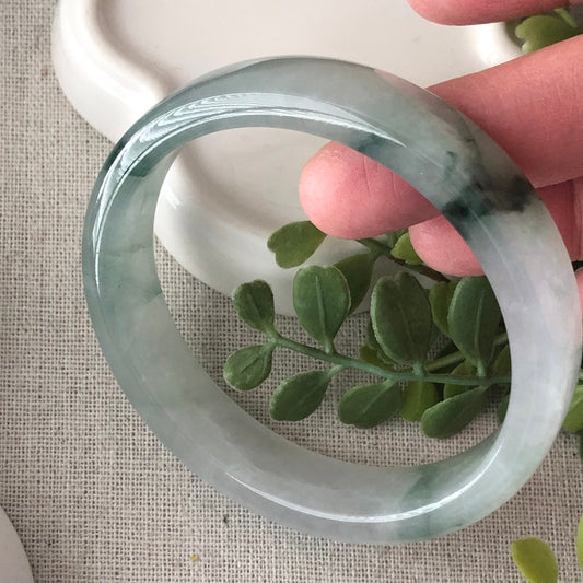 56.4 Icy Green Float Flowers Square Shaped Jadeite Jade Bangle