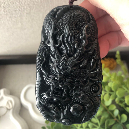 82.7mm Black Omphacite Jadeite Jade Carved Dragon Pendant