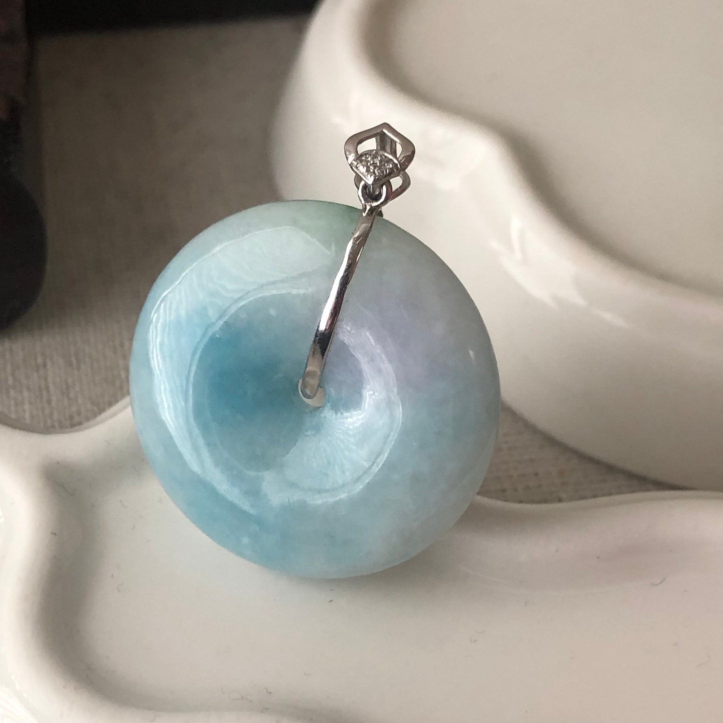 18K 27.4mm Jadeite Jade Blue Donut Pendant Rare