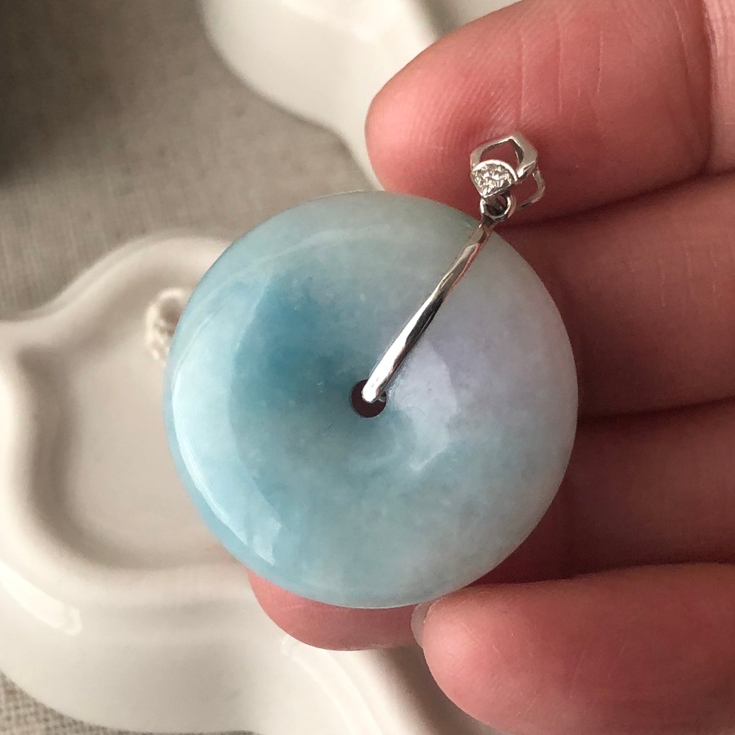 18K 27.4mm Jadeite Jade Blue Donut Pendant Rare