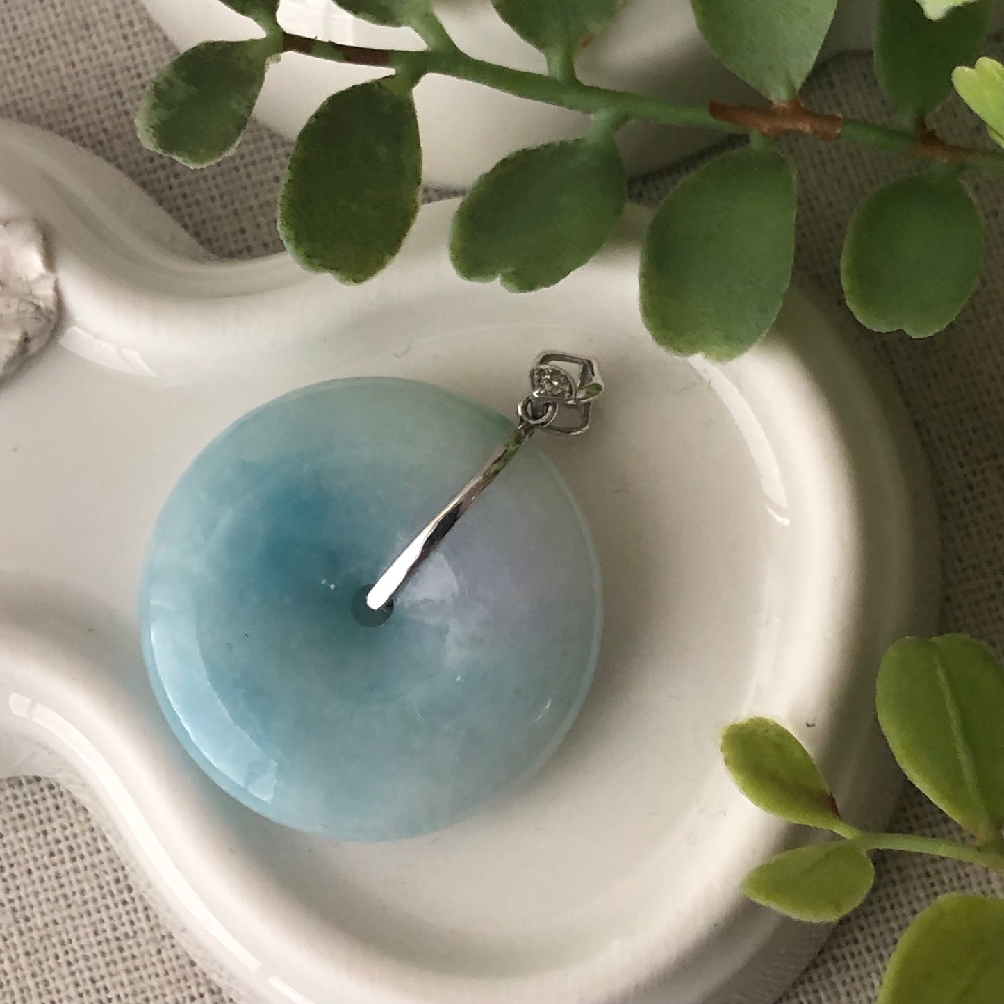 18K 27.4mm Jadeite Jade Blue Donut Pendant Rare