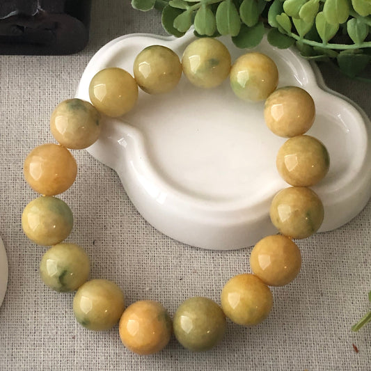 13.6mm Earthy Yellow Green Jade Jadeite Beaded Bracelet