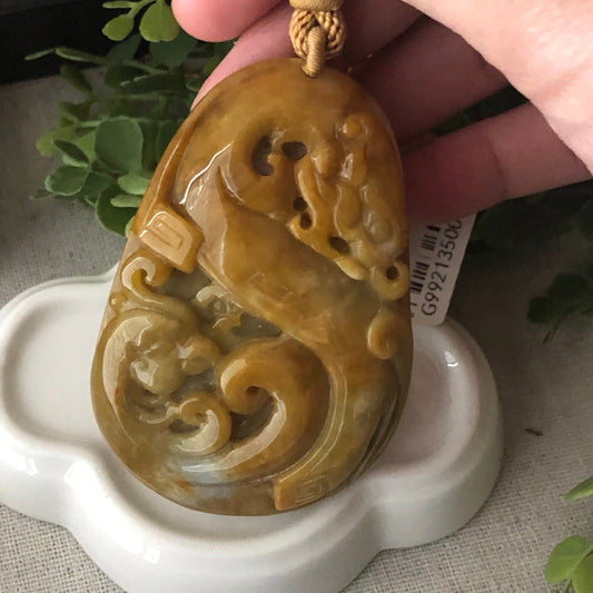 69mm Jadeite Jade Yellow Brown Carved Dragon Phoenix Pendant