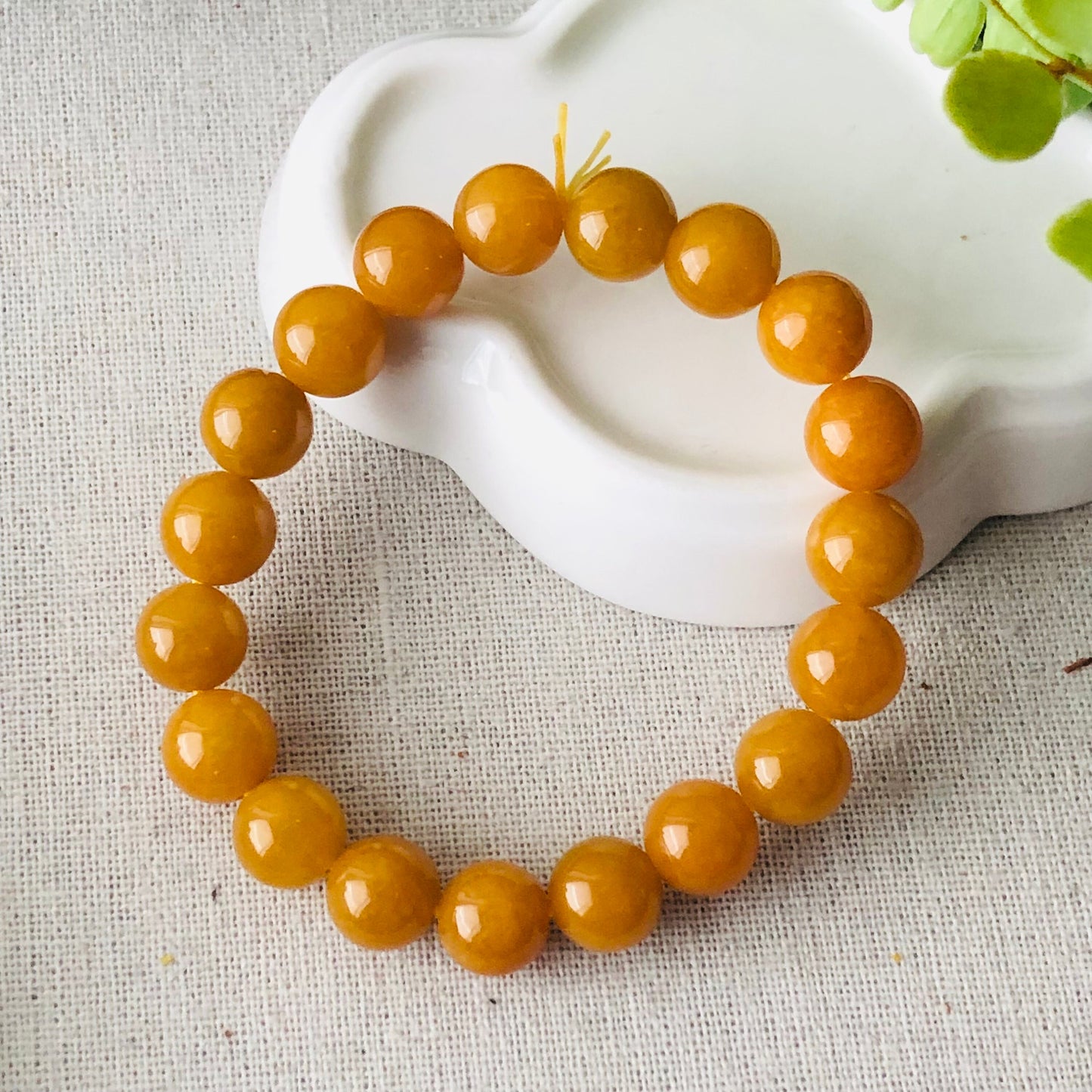 10 mm Glossy Moist Yellow Brown Jadeite Jade Bead Bracelet