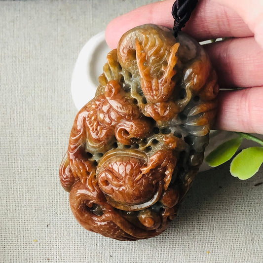 80mm Red Brown Carved Bear Dragon Turtle Phoenix Jadeite Jade Pendant