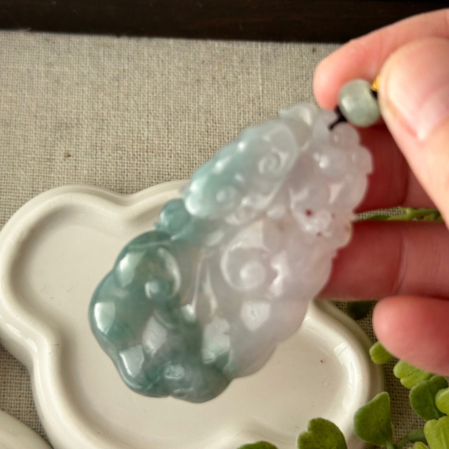 54.3mm Icy Green Float Flowers Carved Ruyi Clouds Jadeite Jade Pendant