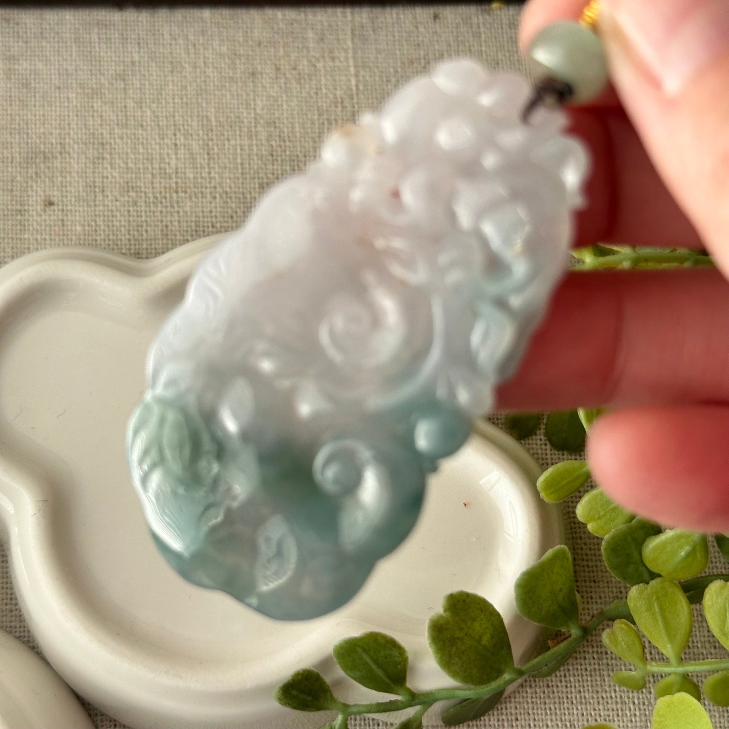 54.3mm Icy Green Float Flowers Carved Ruyi Clouds Jadeite Jade Pendant