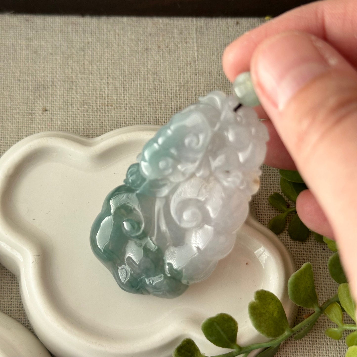 54.3mm Icy Green Float Flowers Carved Ruyi Clouds Jadeite Jade Pendant