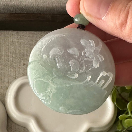 49 mm Icy Lavender Green Carved Flower Bird Pendant