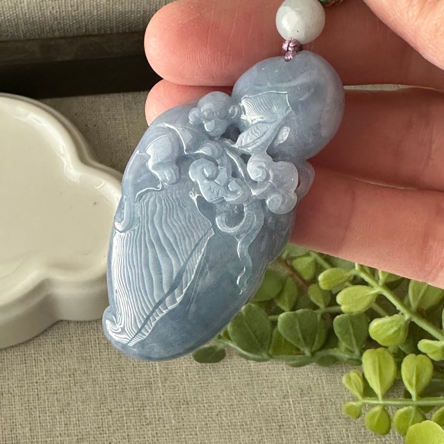 58mm Lavender Blue Jadeite Jade Carved Monkey Elephant Peach Pendant Neck Rope Tie