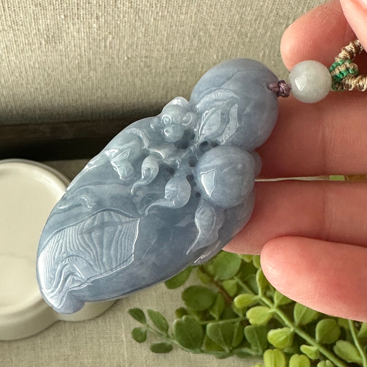 58mm Lavender Blue Jadeite Jade Carved Monkey Elephant Peach Pendant Neck Rope Tie
