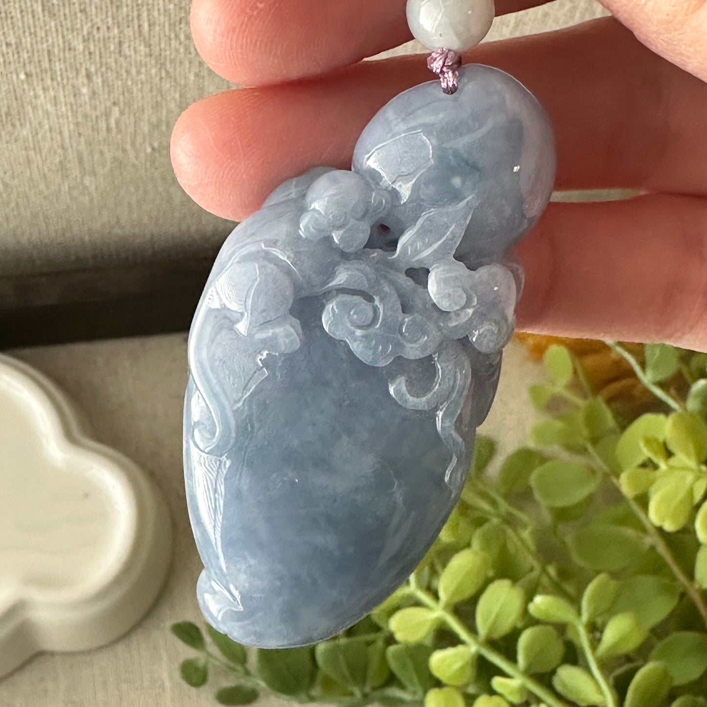 58mm Lavender Blue Jadeite Jade Carved Monkey Elephant Peach Pendant Neck Rope Tie