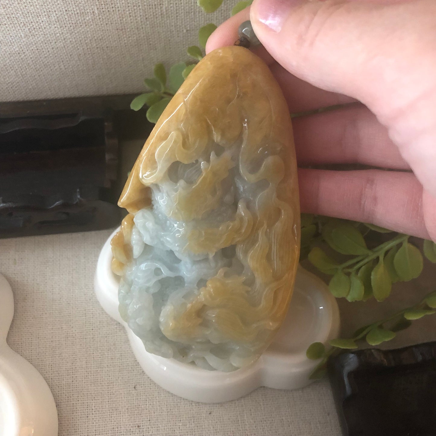 95mm Jadeite Jade Yellow Brown Carved Dragon Pendant