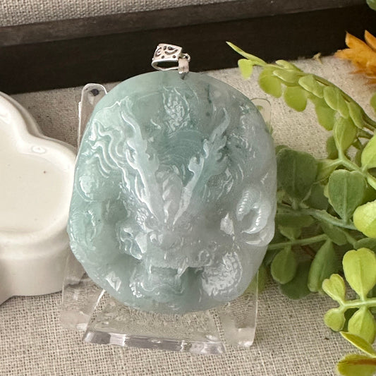 51.6mm Icy Green Jadeite Jade Carved Dragon Pendant