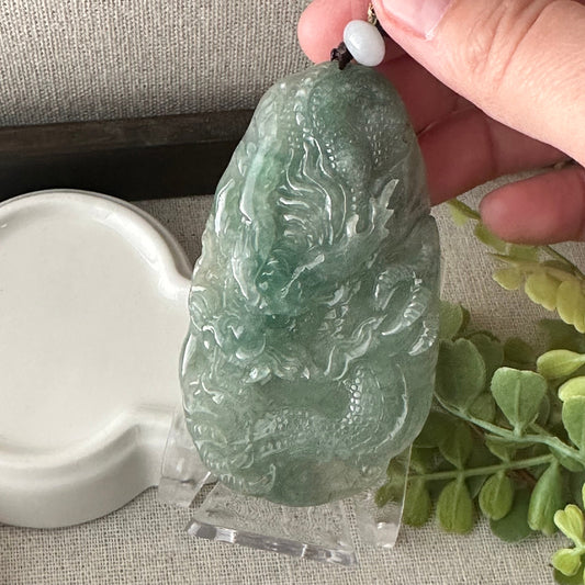 75.1mm Icy Green Jadeite Jade Carved Dragon Pendant