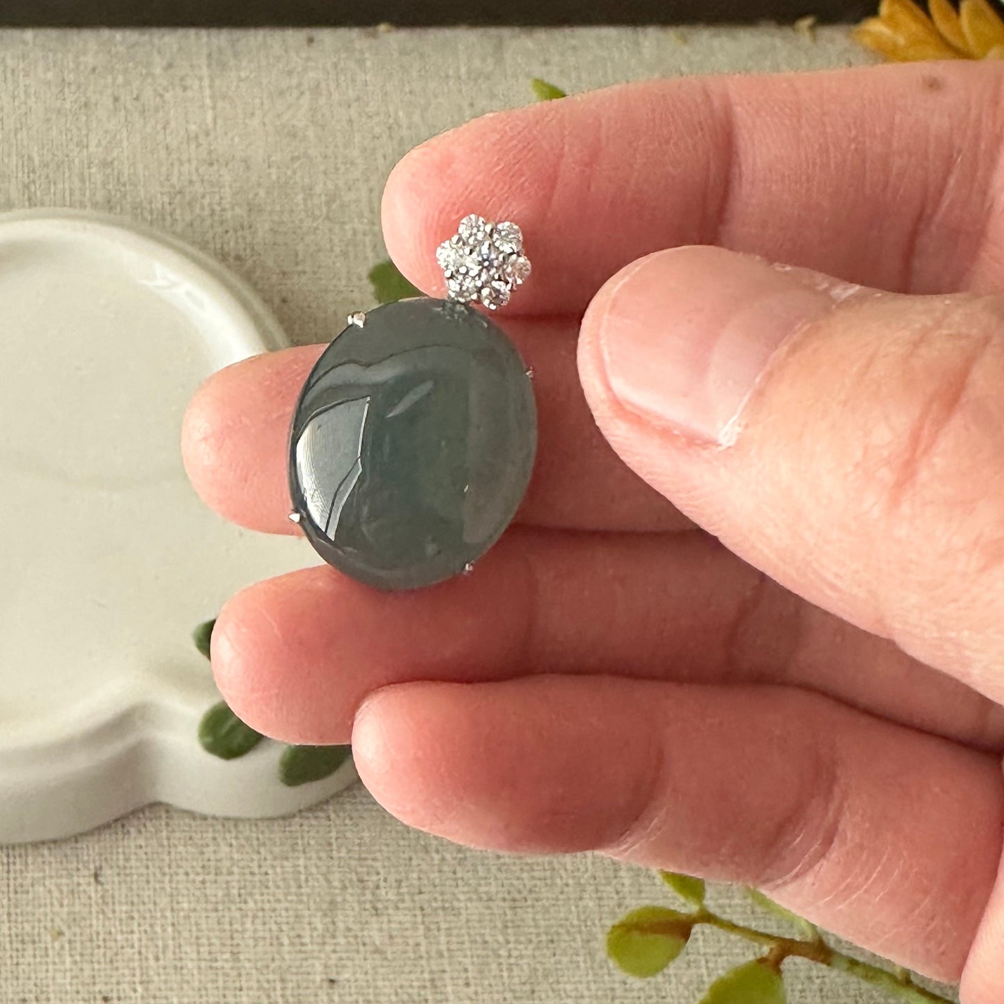 18K Gold 25.2mm High Quality Guatemalan Jade Icy Blue Cabochon Oval Pendant