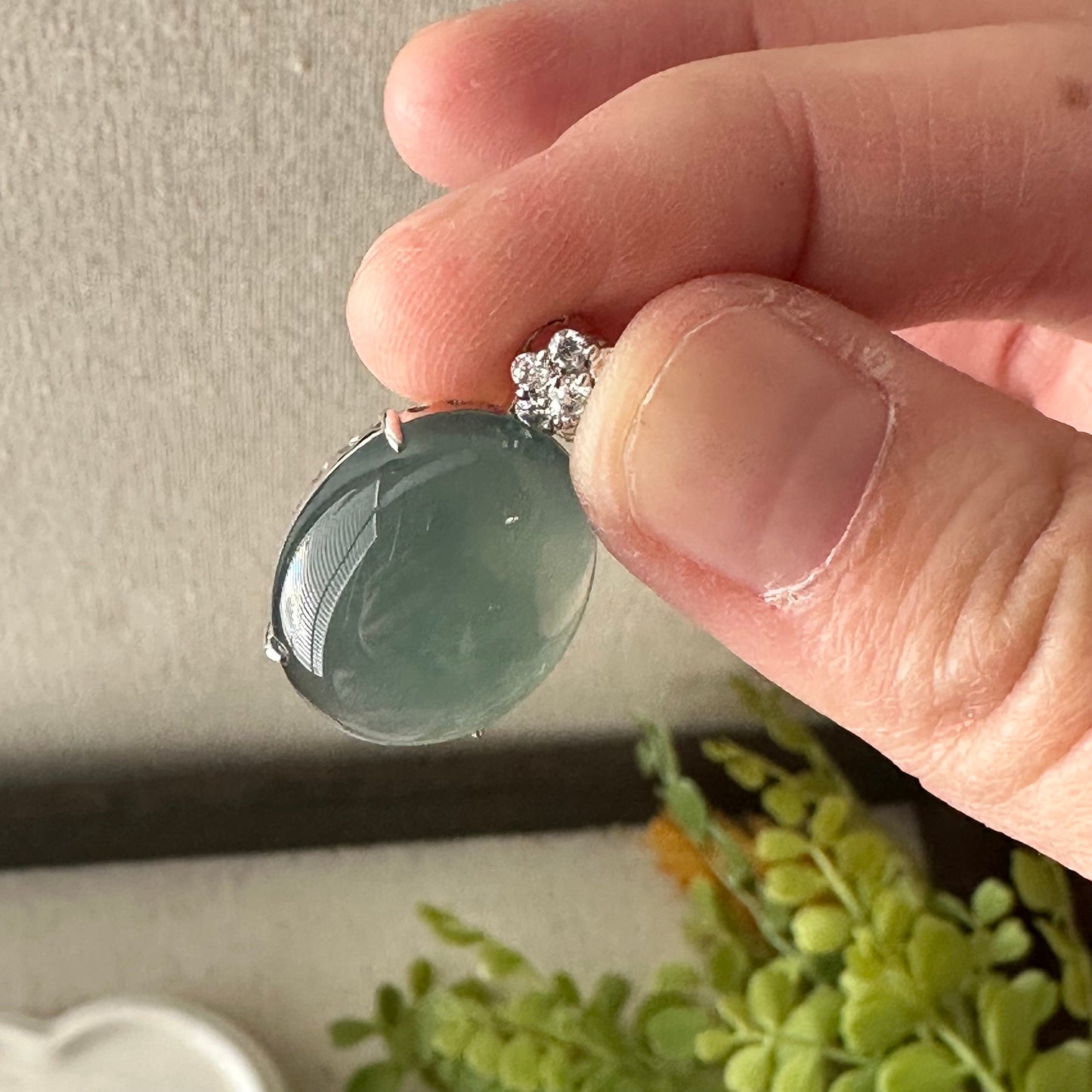 18K Gold 25.2mm High Quality Guatemalan Jade Icy Blue Cabochon Oval Pendant