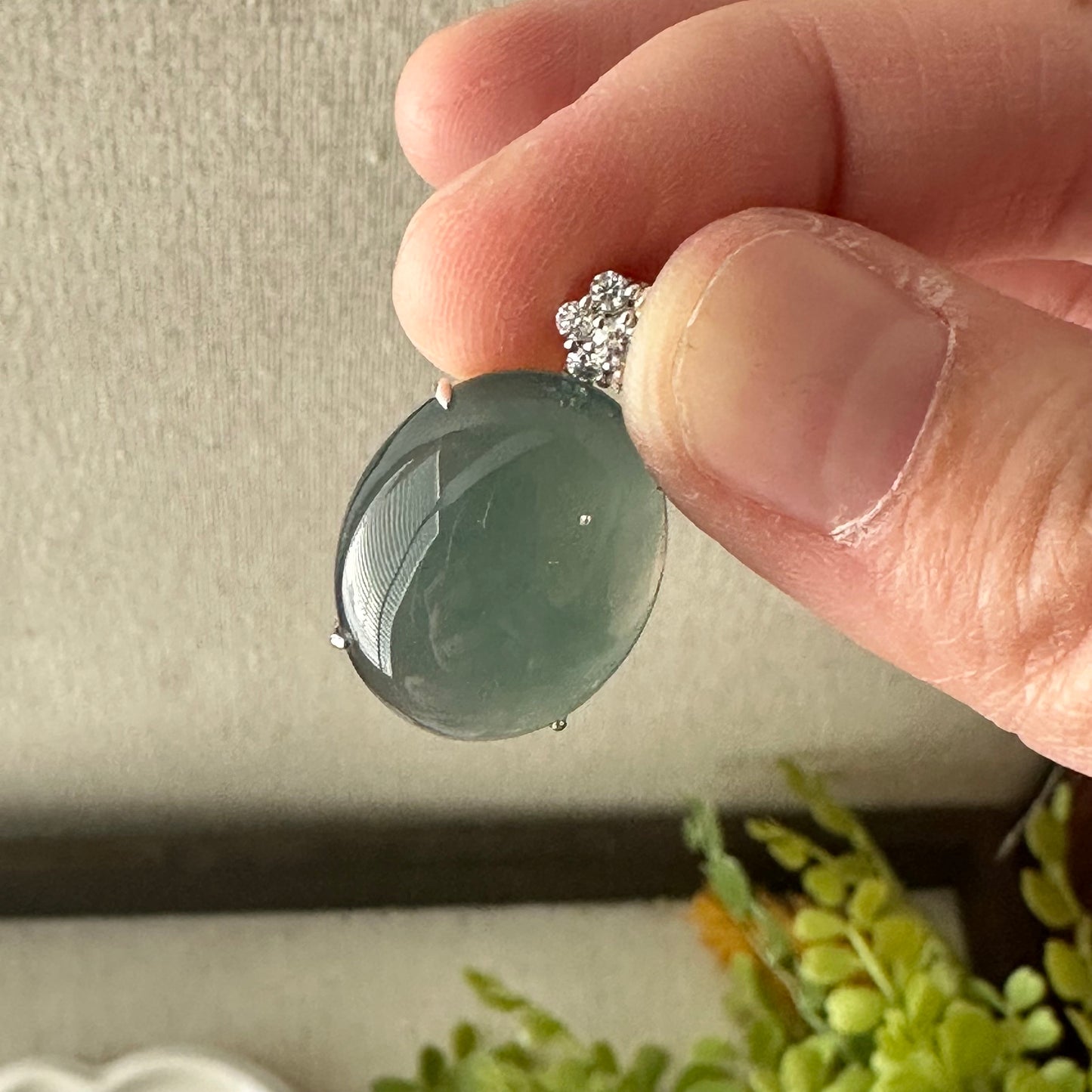 18K Gold 25.2mm High Quality Guatemalan Jade Icy Blue Cabochon Oval Pendant