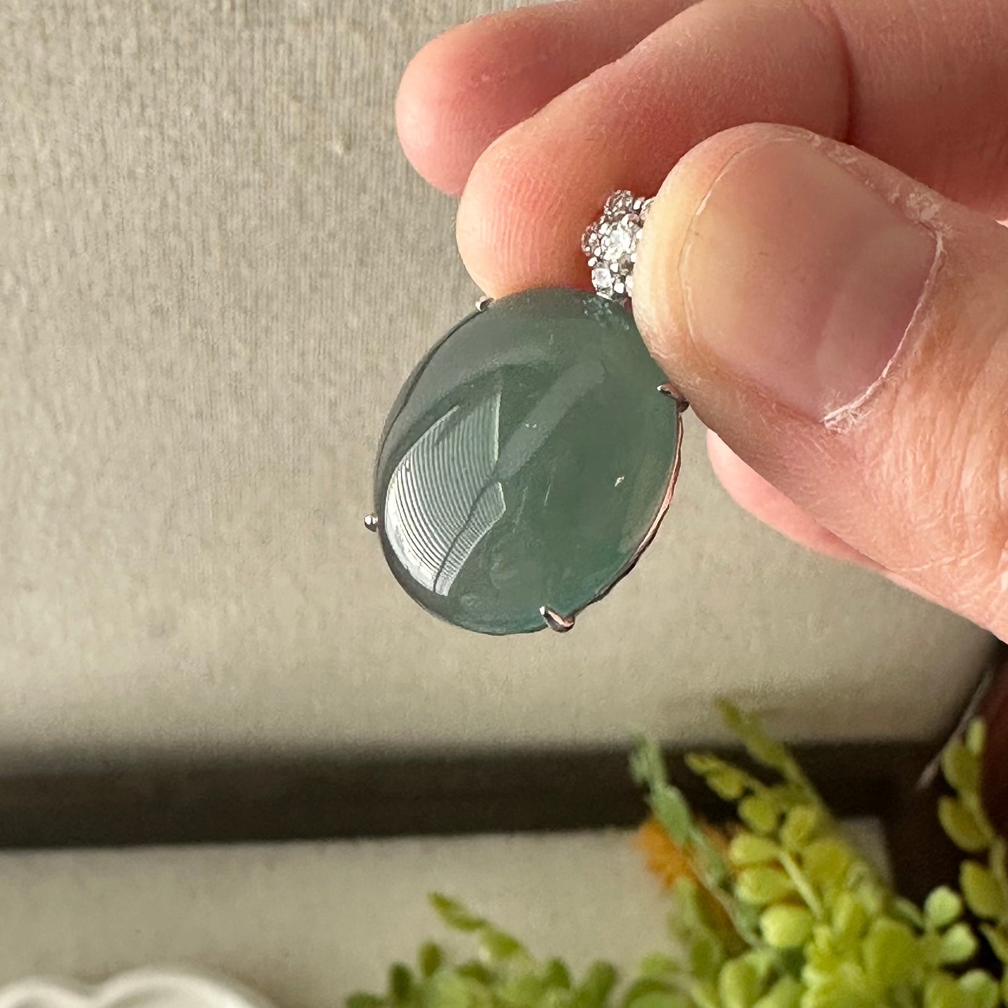 18K Gold 25.2mm High Quality Guatemalan Jade Icy Blue Cabochon Oval Pendant