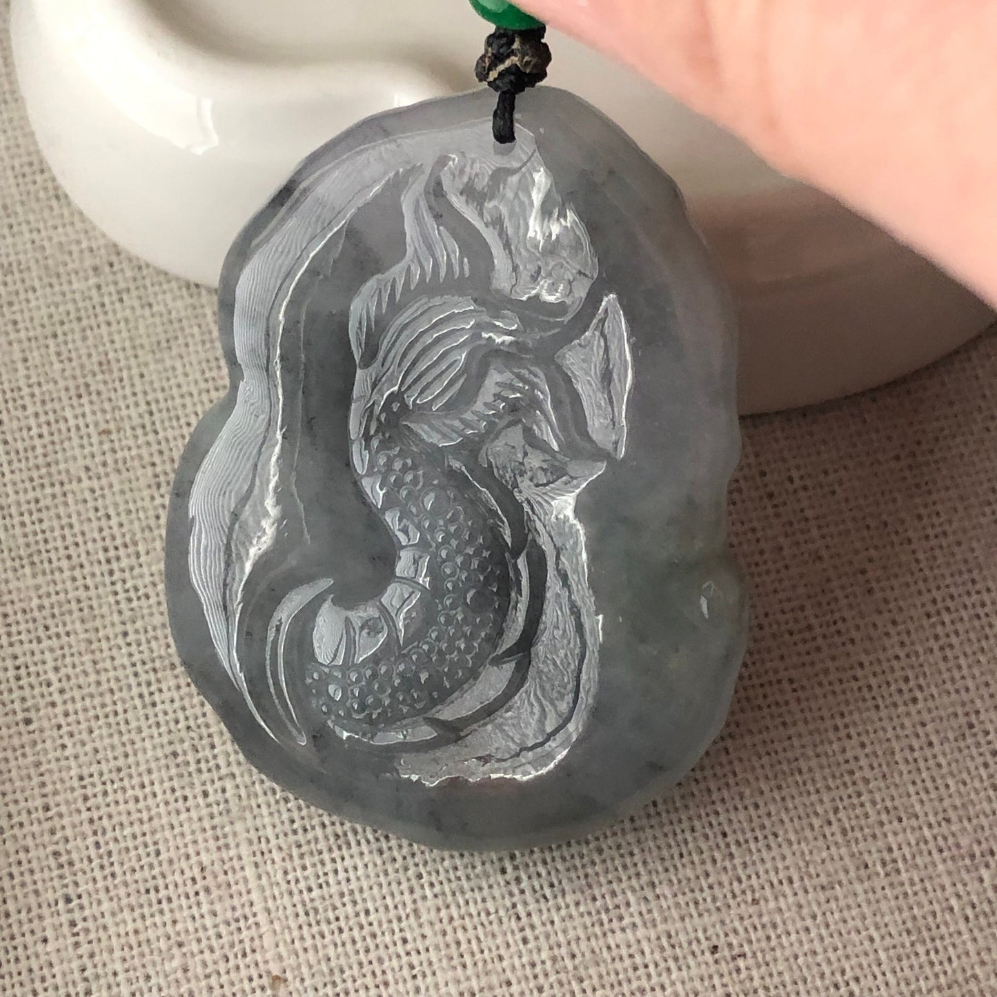 46.3mm Icy Wuji Grey Jadeite Jade Carved Dragon Pendant