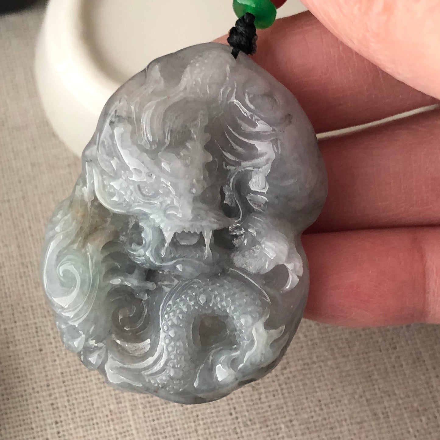 46.3mm Icy Wuji Grey Jadeite Jade Carved Dragon Pendant
