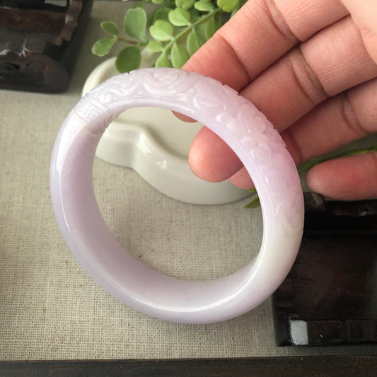 55mm Lavender Jadeite Jade Glutinous 1/2 Carved Flowers D-shaped Bangle
