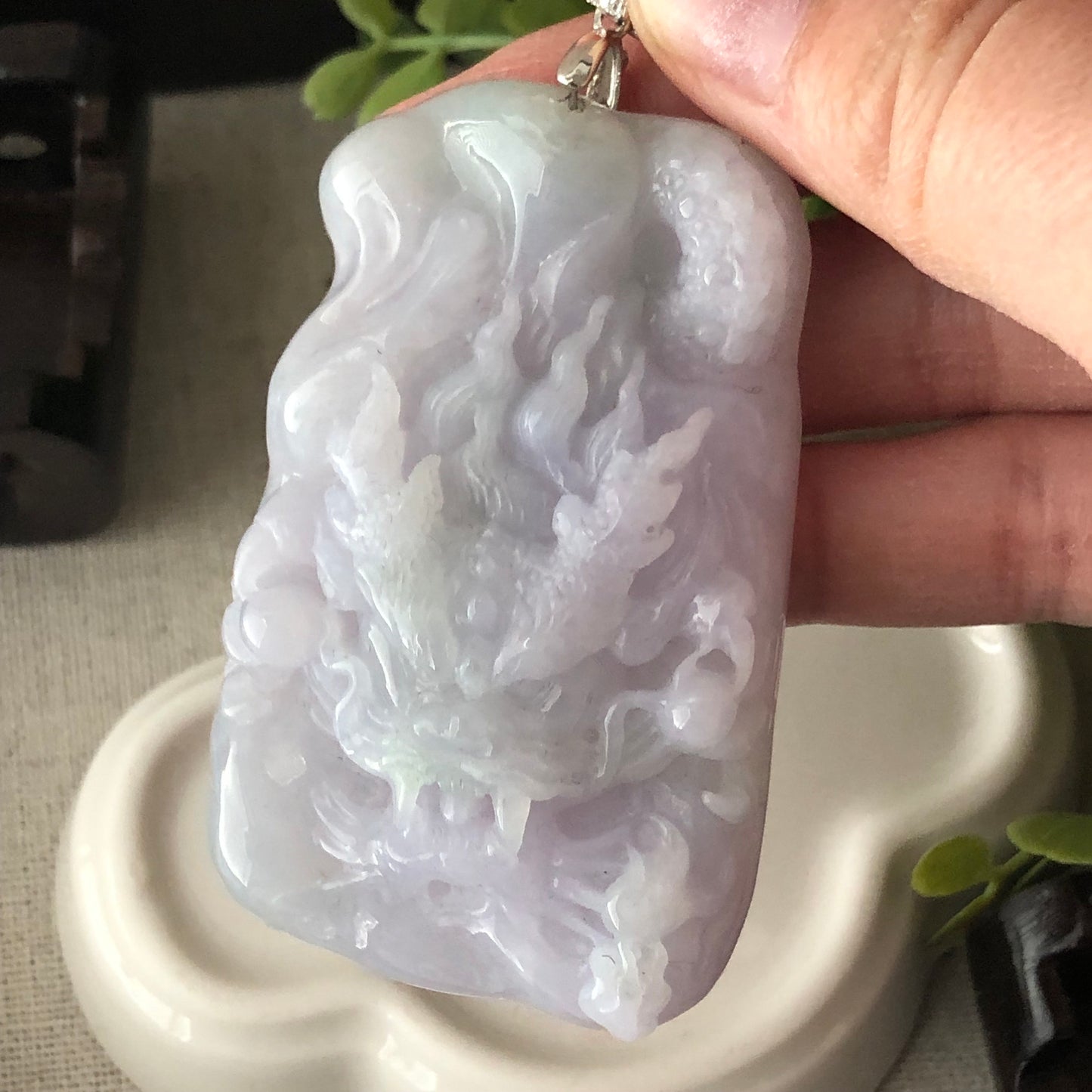61.7mm Fine Lavender Green Jadeite Jade Carved Dragon Pendant